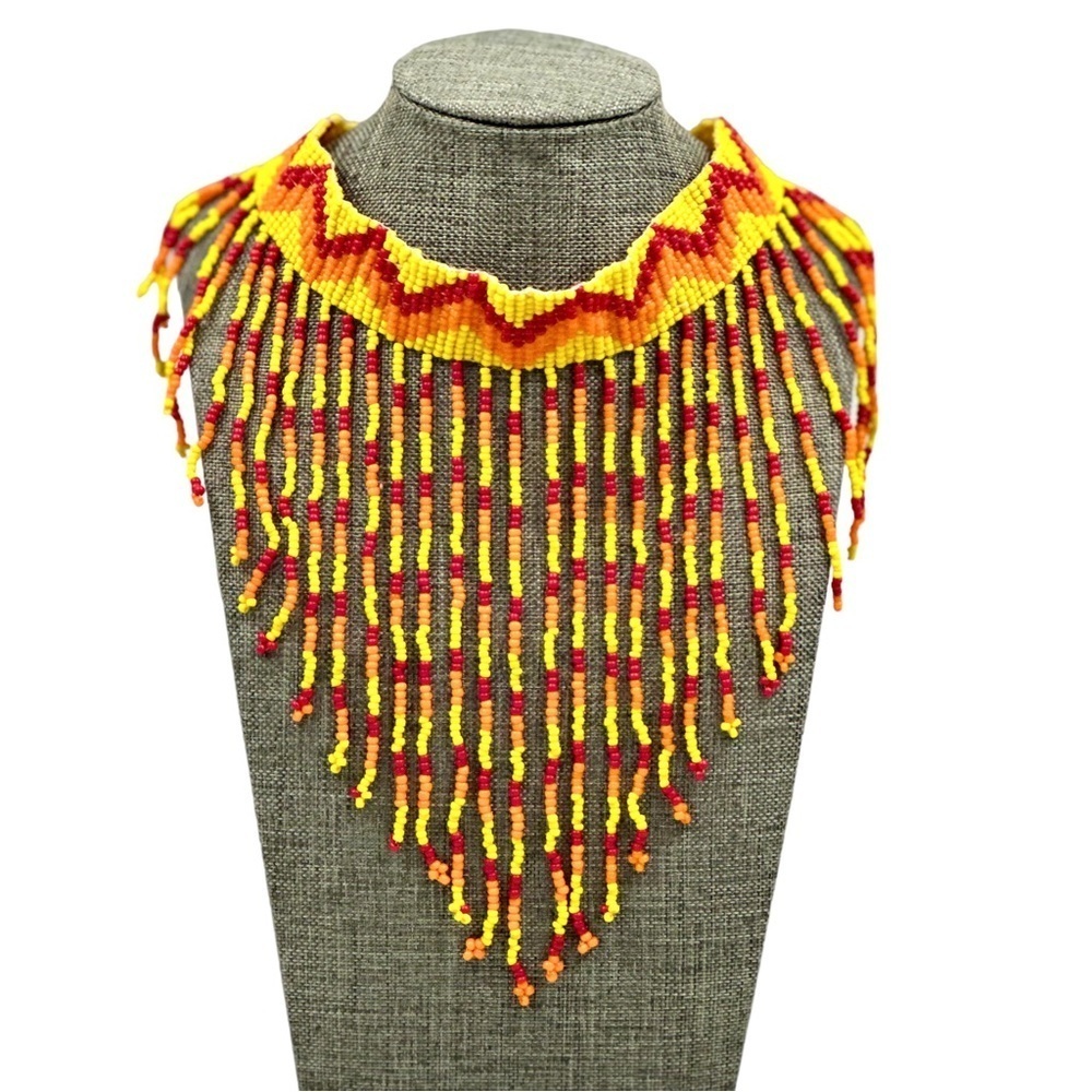 Hand-beaded boho tasseled choker necklace